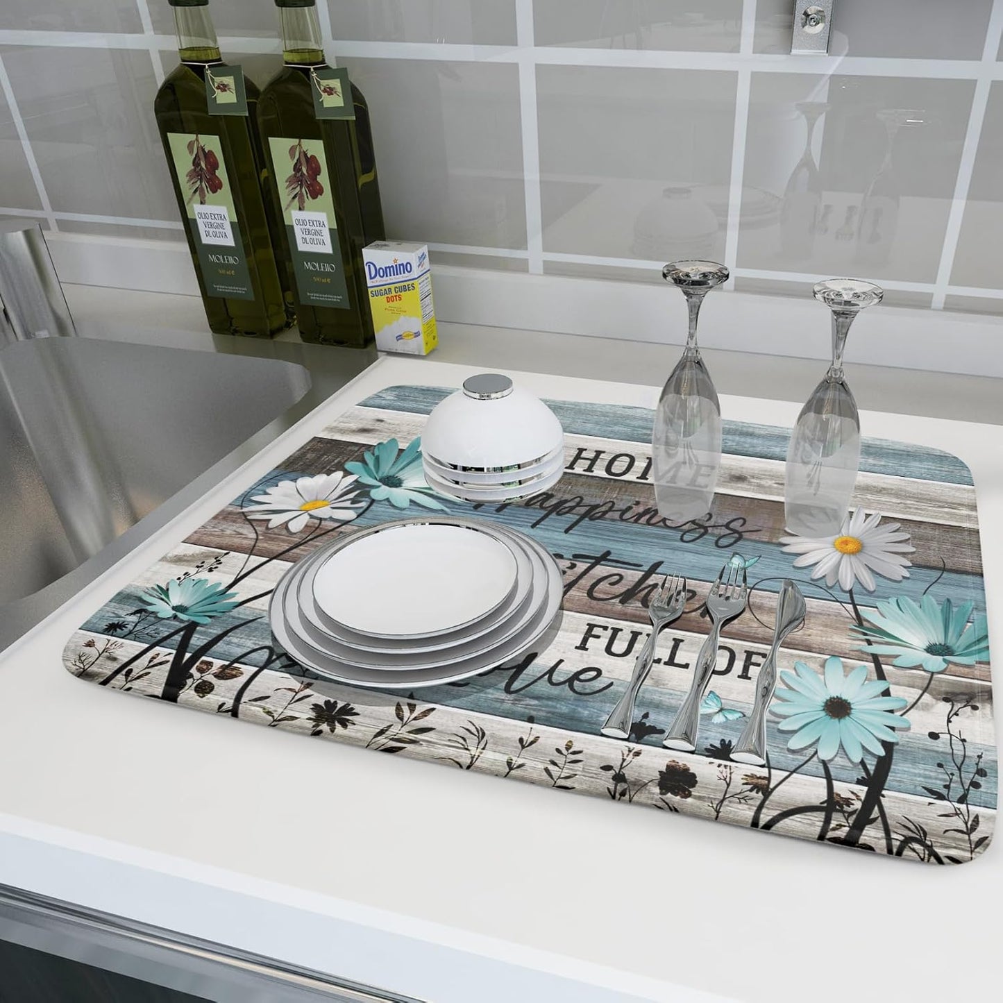 Daisy Floral Dish Drying Mat 18x24 Inches Rustic Wood Microfiber Absorbent Reversible Dish Draining Pad Fast Dry Kitchen Accessories