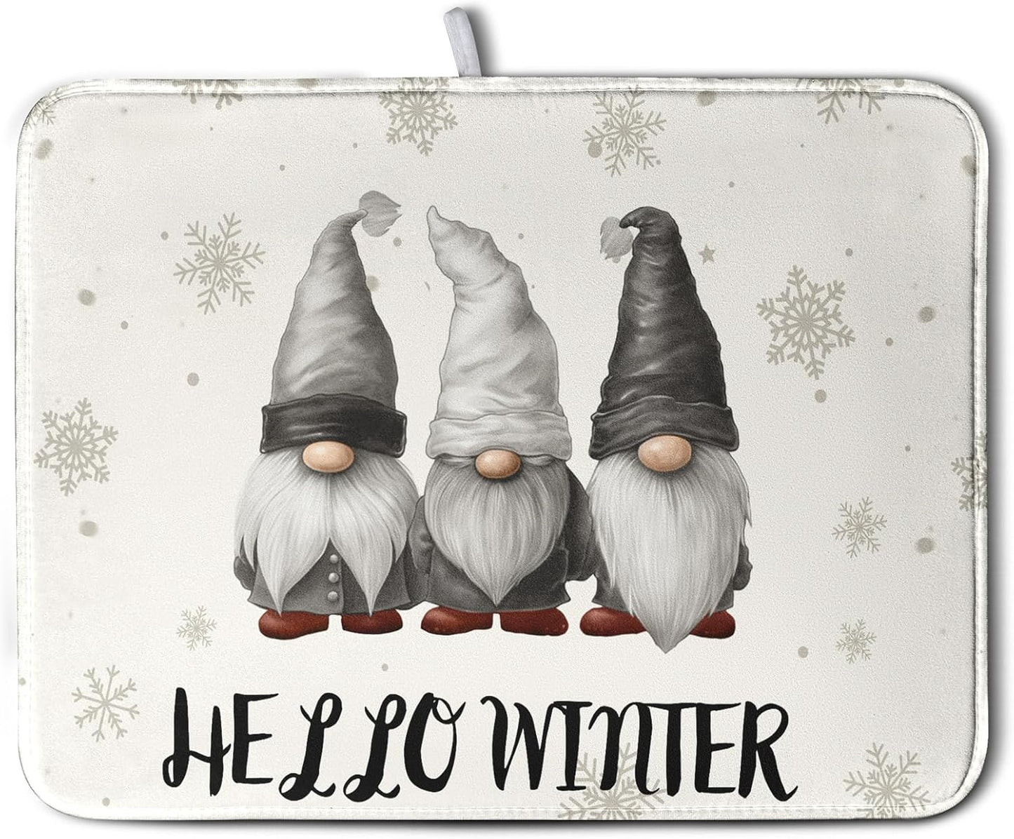 Winter Gnome Dish Drying Mat for Kitchen Counter 18x24 Christmas Snowflakes Santa Kitchen Drying Mat Hello Winter Dish Drainer Mat Super Absorbent Dish Rack Mat for Coffee Bar Countertop
