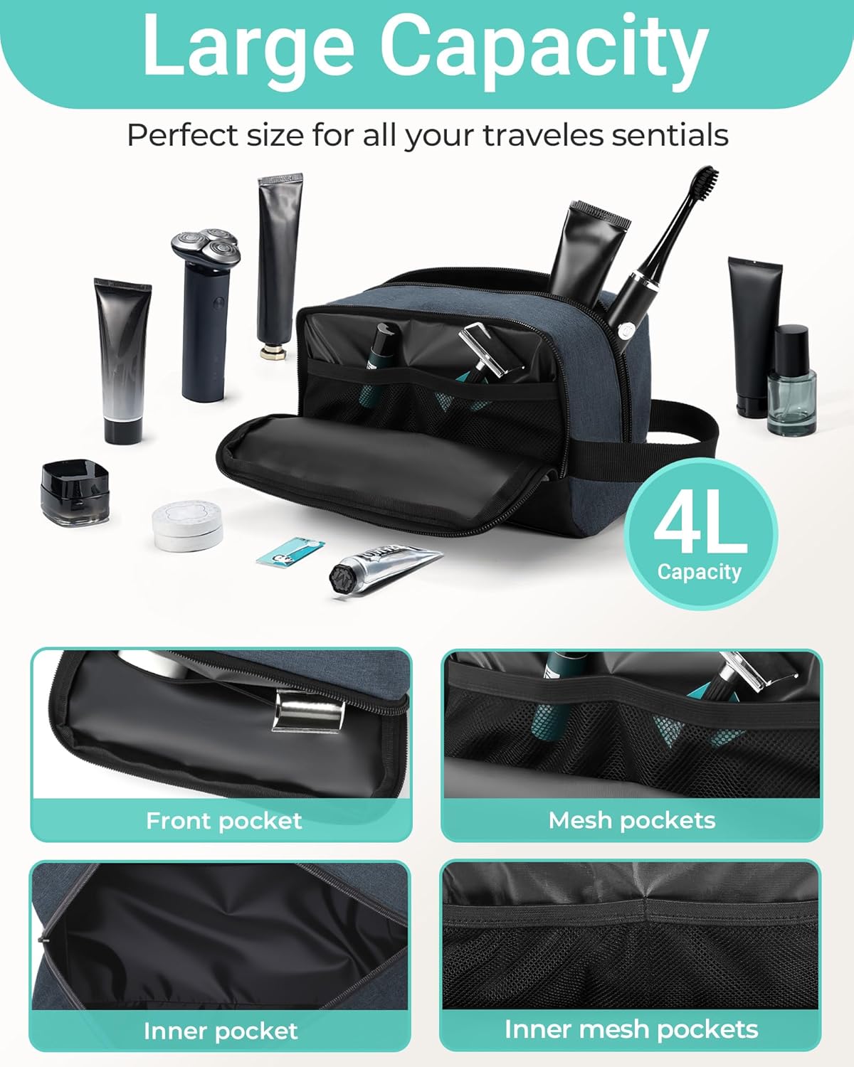 Elviros Travel Toiletry Bag for Men Hanging Dopp Kit Shaving Bag Toiletries Organizer Small Tool Medicine Hygiene Bag for Traveling Pouch (Navy Blue)