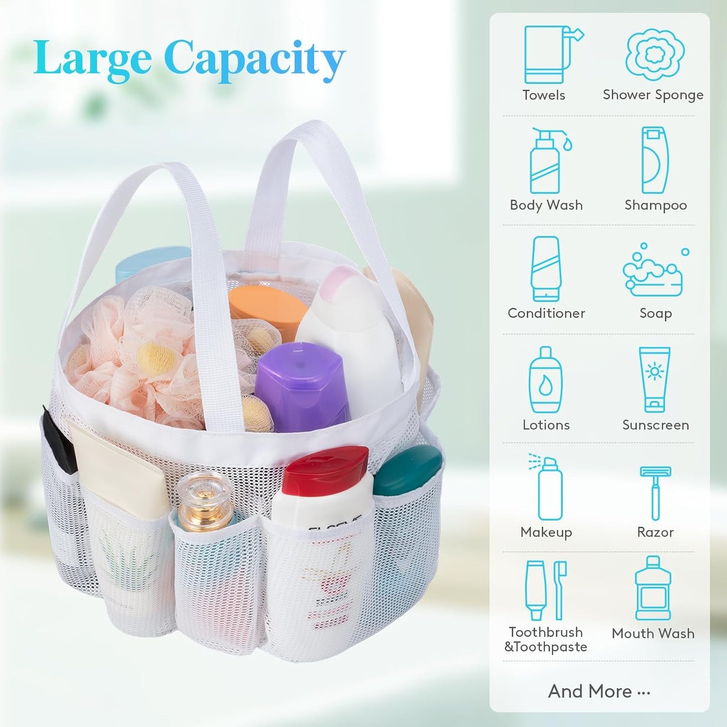 Lifewit Mesh Shower Caddy Freestanding Portable Shower Tote Bag for College Dorm, Bathroom, Gym, Travel, Quick Dry Hanging Shower Organizer with 7 Storage Pockets for Toiletry Essentials, White