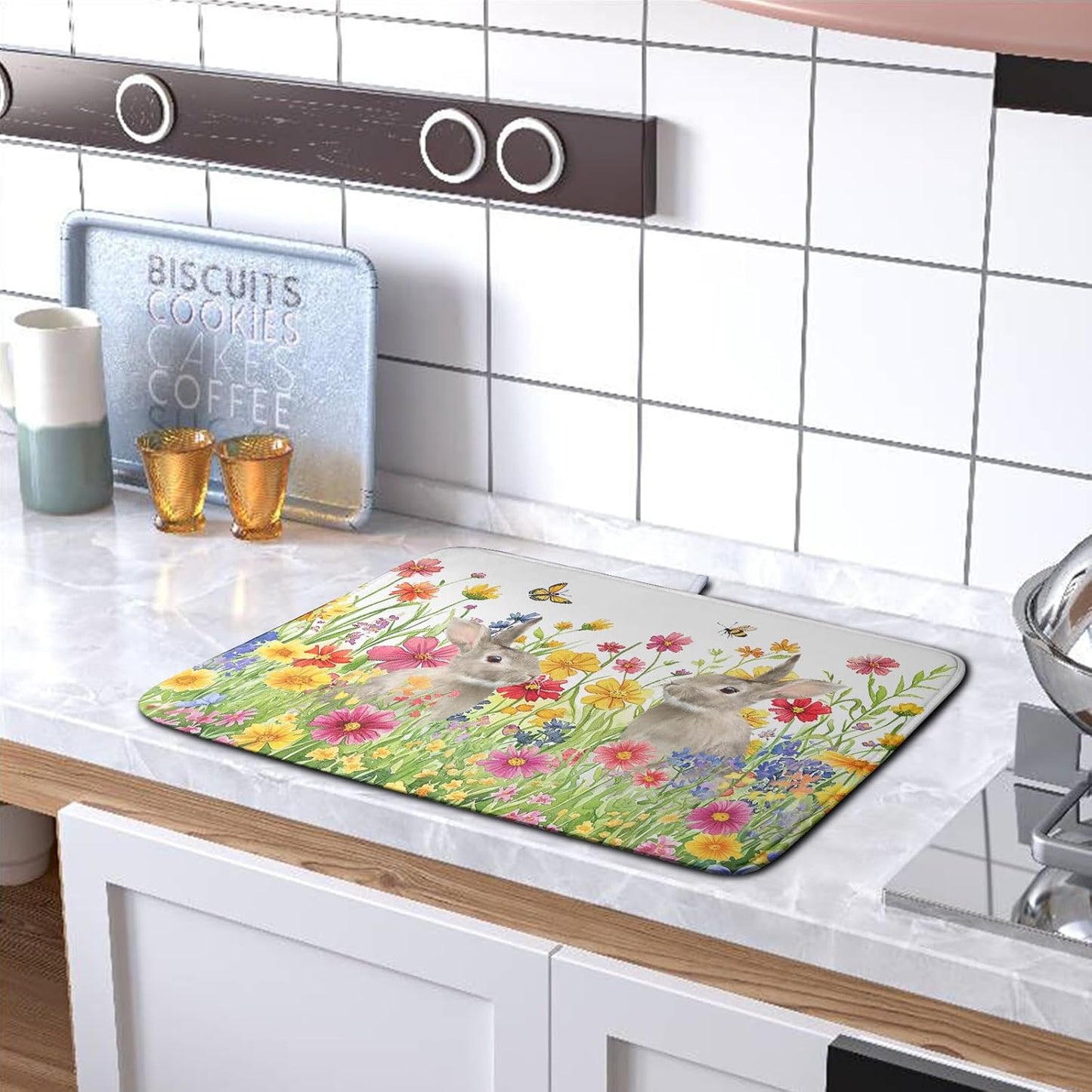 Easter Dish Drying Mat for Kitchen Counter Easter Bunny Flowers Dish Drying Pad Spring Rabbit Floral Dishes Drainer Mats Absorbent Microfiber Kitchen Countertop Protector Drying Mats 16x18 in