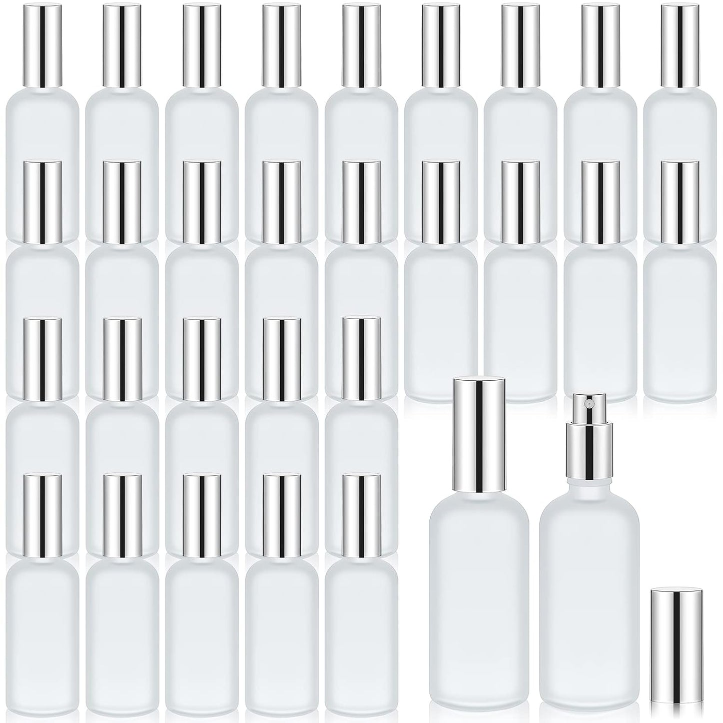 Roshtia 30 Pcs 3.4 oz/ 100 ml Silver Glass Spray Bottle Refillable Perfume Atomizer Clear Decorative Empty Bottles with Fine Mist Sprayer Pump for Face Body Travel
