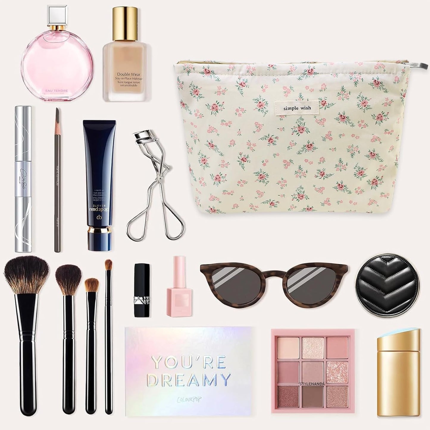 Wudygirl Large Capacity Makeup Pouch Aesthetic Cute Makeup Bag Canvas Toiletry Bag Pencil Pouch with Zipper (Beige and Small Floral)