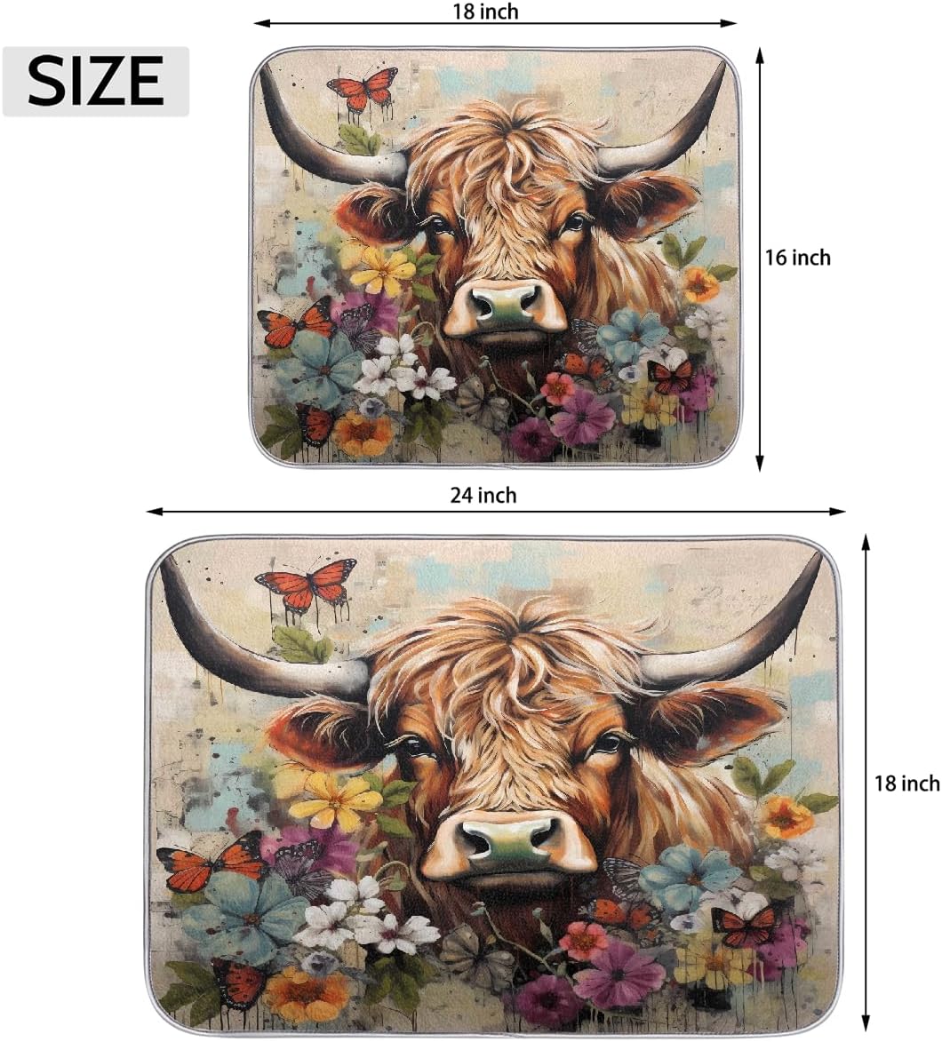 Dish Drying Mat Highland Cow Graffiti Floral Western Farm Large Drying Mat for Kitchen Counter 18x24in Absorbent Dish Drainer Rack Pad, Heat Resistant Coffee Bar Mats Countertop Protector