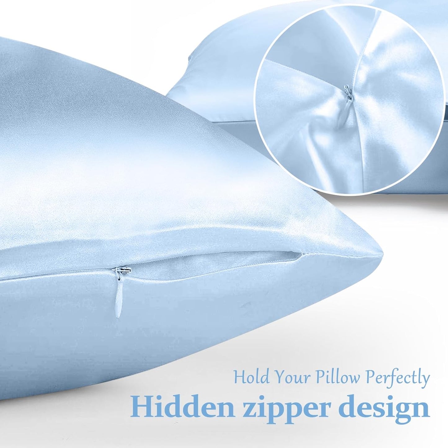 2 Pack 100% Pure Silk Pillowcase for Hair and Skin, Both Sides Mulberry Silk Pillowcases with Hidden Zipper, Cooling Pillowcase 19 Momme, 600 Thread Silk Pillow Cases Standard Size, Light Blue