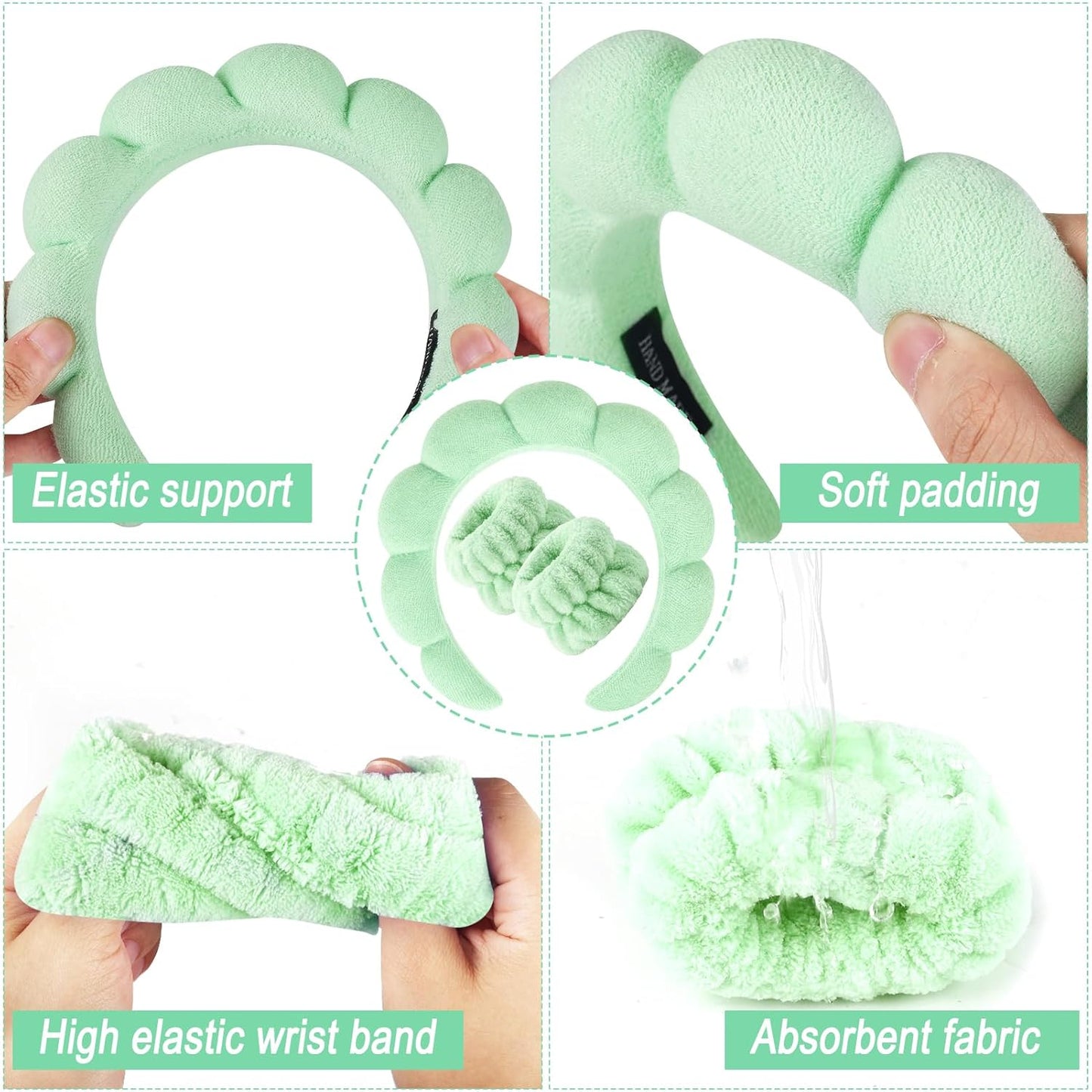 Zkptops Spa Headband for Washing Face Wristband Set Sponge Makeup Skincare Terry Cloth Bubble Soft Get Ready Hairband for Women Girl Puffy Padded Headwear Non Slip Thick Hair Accessory(Light Green)