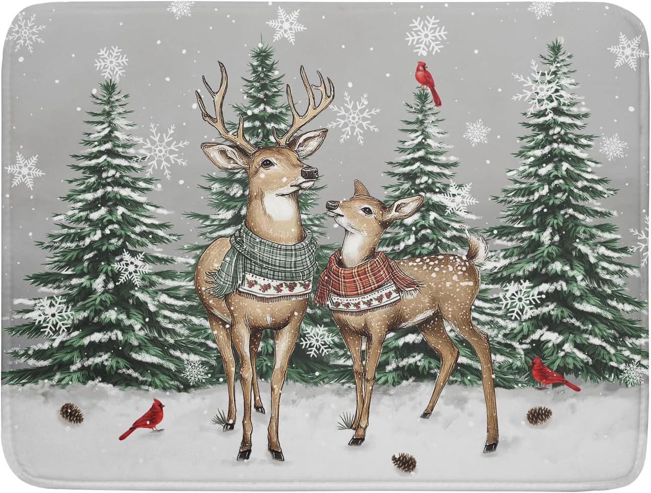 Winter Deer Dish Drying Mat Pine Tree Absorbent Dish Dry Pad Seasonal Microfiber Dish Drainer Mats for Kitchen Counter Coffee Bar 18x24 in