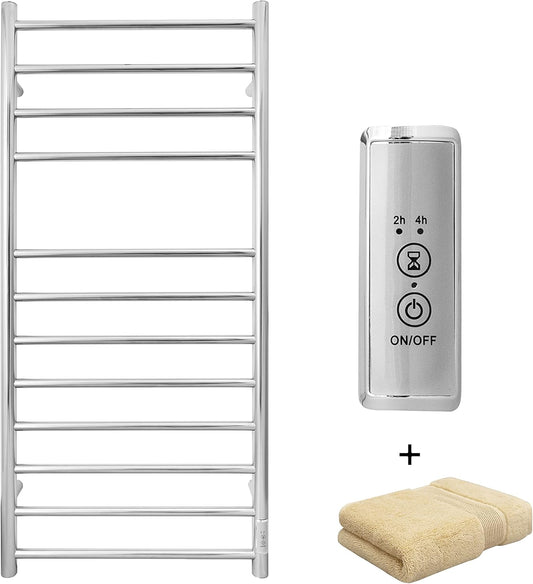 KEG Towel Warmer Wall Mounted with Built-in Timer 12 Bars Electric Stainless Steel Heated Towel Racks for Bathroom, Hot Plug-in Bath Towel Heater Polish Chrome