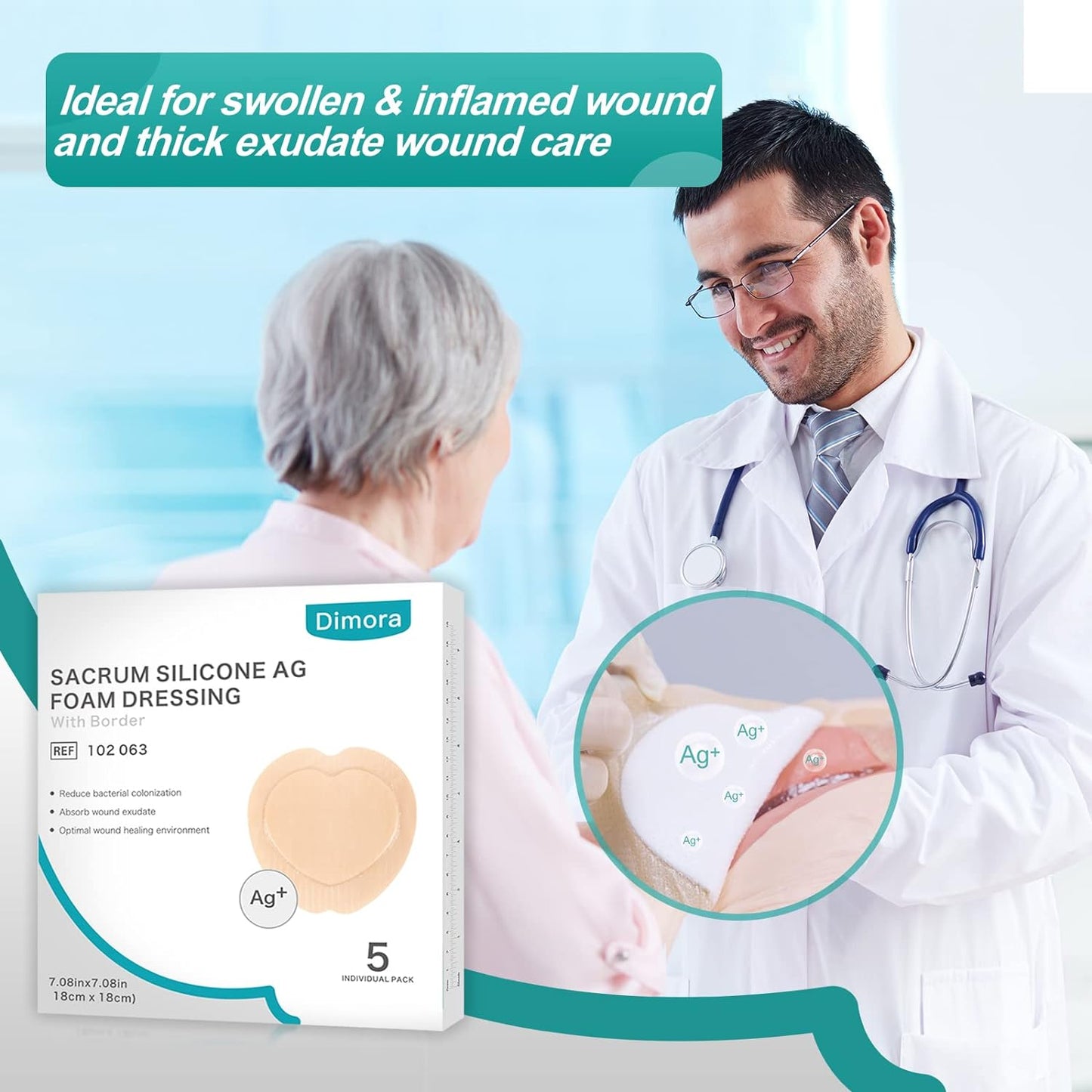 Dimora Ag Silver Sacrum Foam Wound Dressing Bandages Silicone Adhesive Border 7"x7" Waterproof Sacral Pads Absorbent Breathable Bed Sore Pressure Dressing