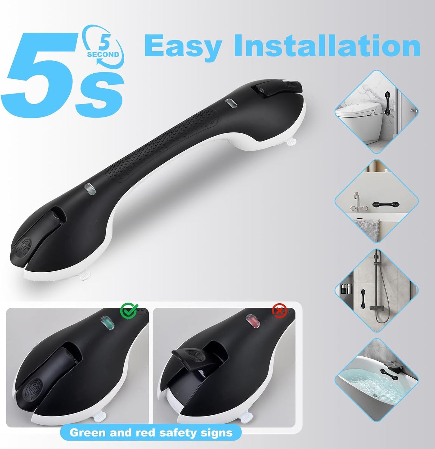 Suction Grab Bars for Bathtubs and Showers, Heavy Duty Shower Handle Removable Shower Handrails for Kids, Bathroom Safety Grip Waterproof(Black)