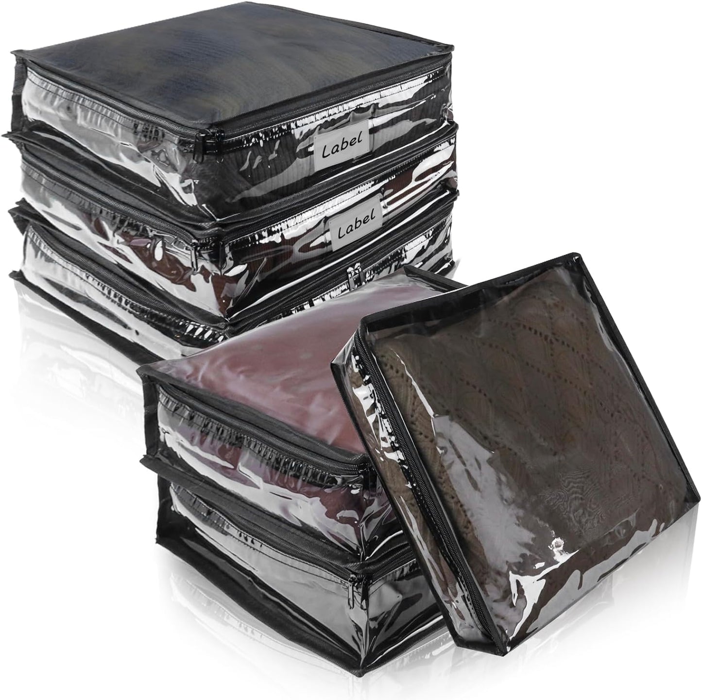 Clear Zippered Storage Bags Plastic Sweater Storage Bags with Zipper 6 Packs Clothing Organizer for Blankets Linen Sweater Bed Sheet Quilt Clothes Pillow (15.7 x 13.8 x 3.9 Inch, Black)