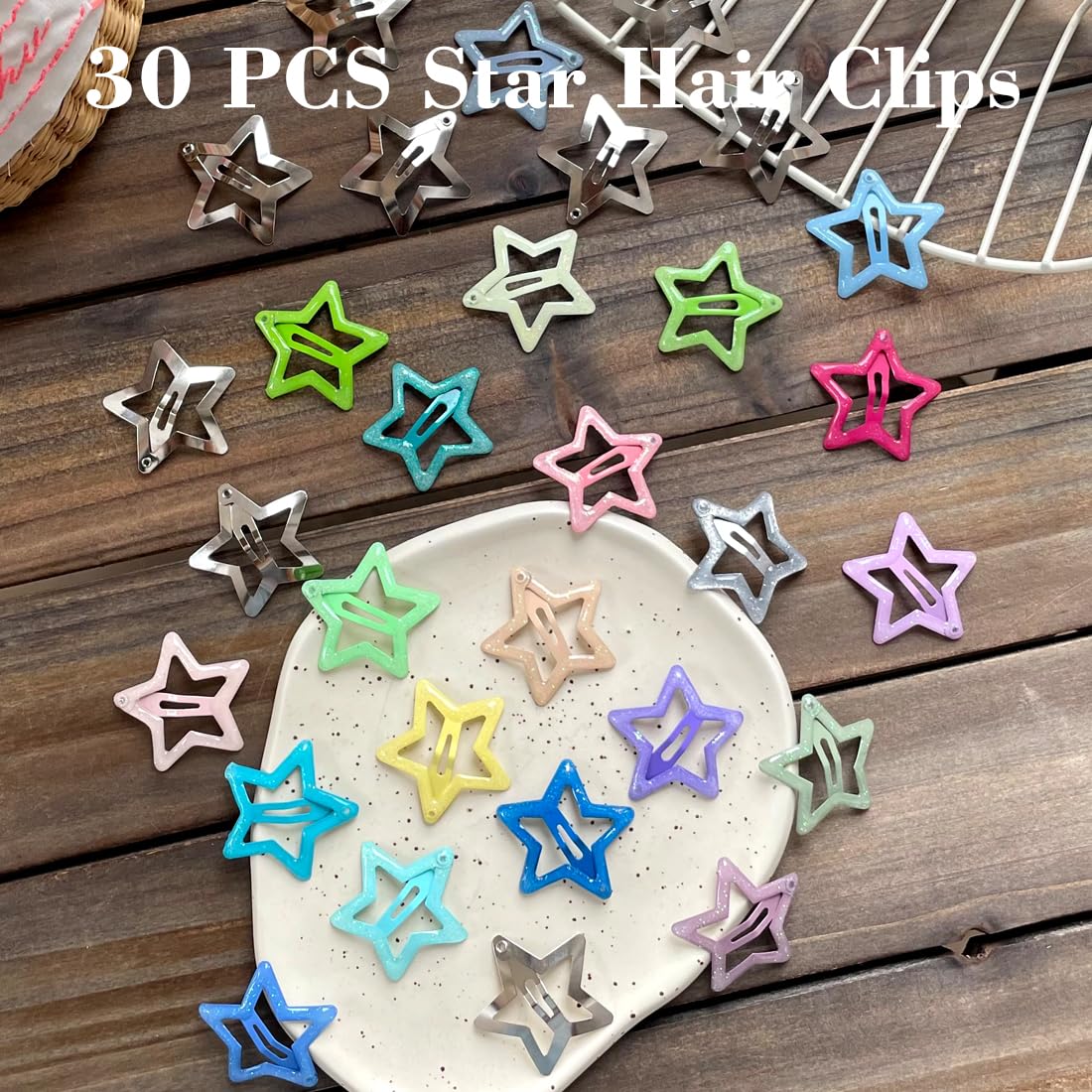 30 PCS 1.22" Sparkling Stars Hair Clips Snap Non Slip Clips for Girls Women Multicolor Metal Clip Star Hair Barrettes Star Hair Clips for Women