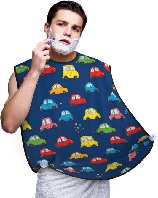 Non-Stick Beard Shaving Bib, Hair Catcher Apron with Suction Cups, Waterproof Grooming Tool for Men Husband, Navy Blue Drawing Car Shave Bib