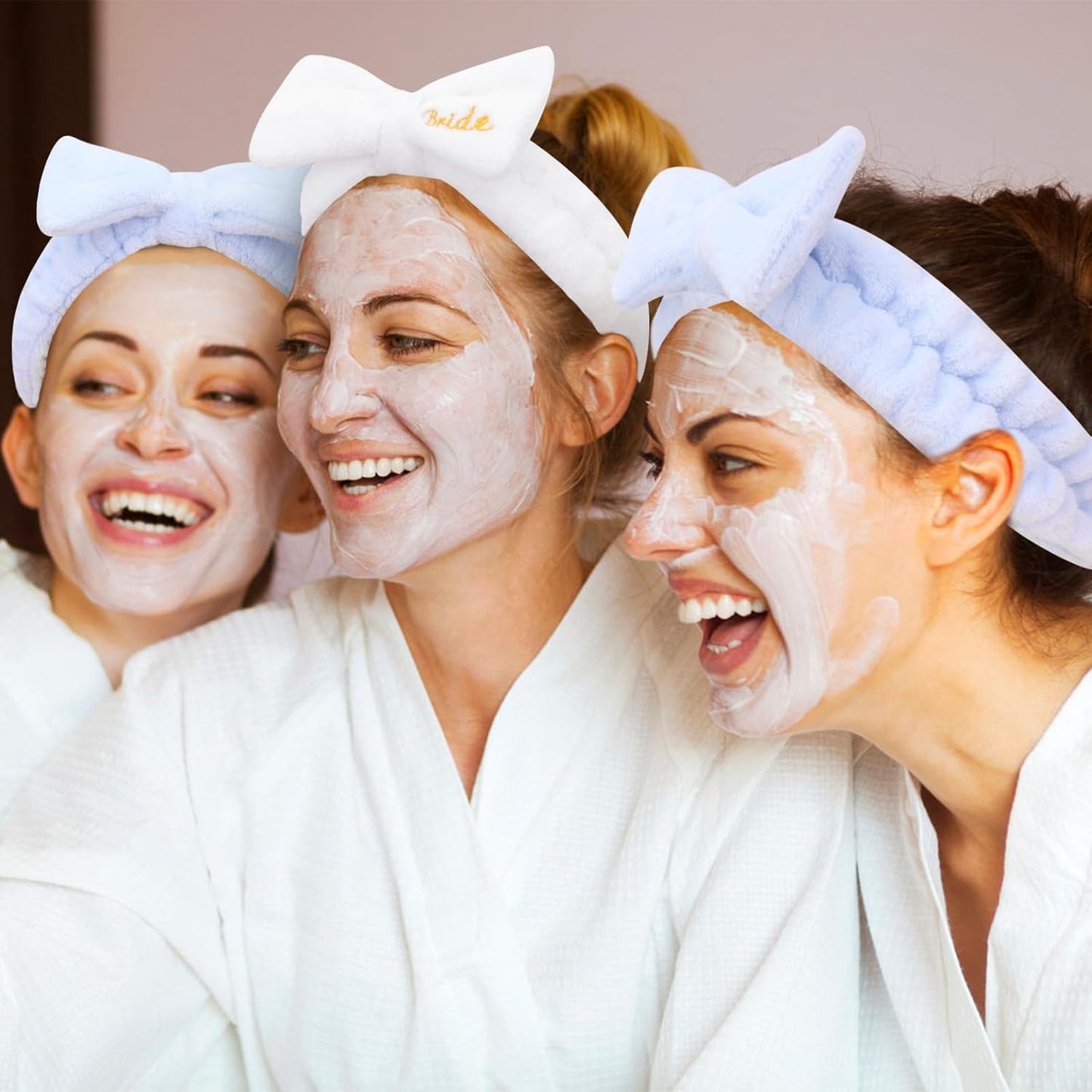 CIEHER 8 Pack Spa Headbands for Bachelorette Party Favors - Bride and Bridesmaid Skincare Makeup Face Wash Headbands in White & Blue