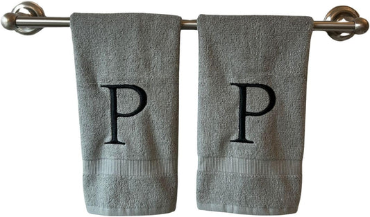 Gray Initial Hand Towel for Bathroom - Monogrammed Luxury Hotel Quality Decorative Embroidered Towel for Powder Room, Spa - GOTS Organic Certified - Set of 2 Black Letter P