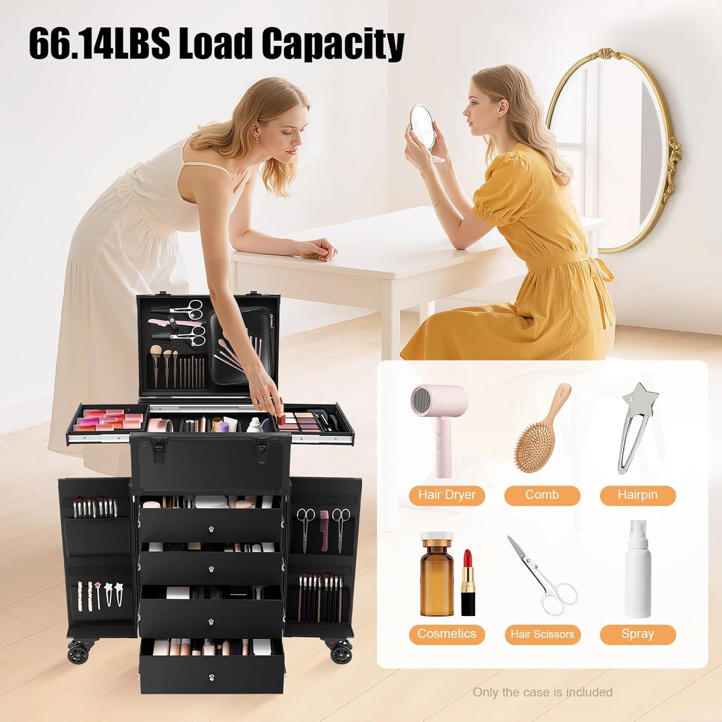 44.09lbs Lockable Makeup Train Case,Rolling Hairdressing Trolley,Beauty Salon Cosmetic Luggage with Universal Wheels for Hair Stylist,Make-up Artists (Black 8)