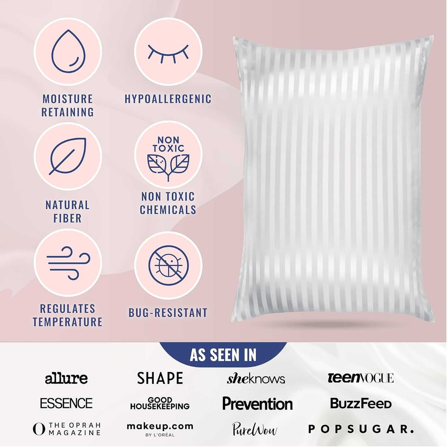 Blissy Silk Pillowcase - 100% Pure Mulberry Silk - 22 Momme 6A High-Grade Fibers - Silk Pillow Cover for Hair & Skin - Regular, Queen & King (White Striped, Standard)