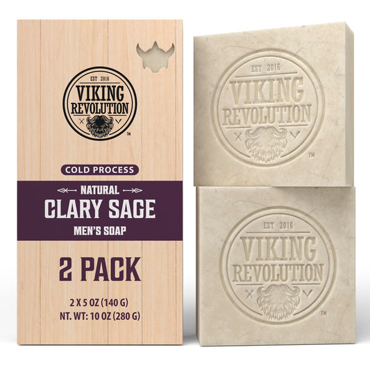 Viking Revolution Clary Sage Natural Soap for Men - Mens Soap Bar with Essential Oils Cold Pressed Bar Soap for Men - Nourishing Mens Bar Soap with Coconut Oil, Shea Oil, Almond Oil (2 Pack)