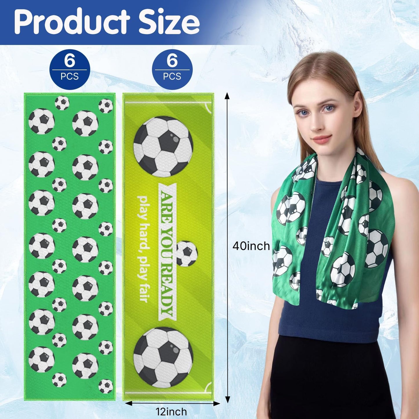 OPSO Softball Cooling Towel Set, 40 x 12 inches, 12 Pack, Microfiber Sports Towels for Baseball, Soccer, Golf LCE Towel Microfiber Sports Towels for Player (Soccer 3)