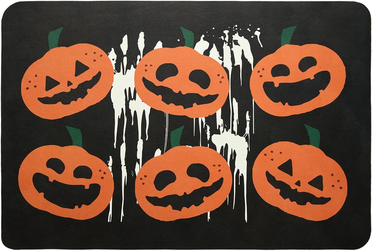 Halloween Bath Mat, Thin Halloween Bathroom Rug Non-Slip Quick Dry Pumpkin Bath Mat Fits Under Door Thin Floor Mat Halloween Decor, 17’’x30‘’, Pumpkins Black