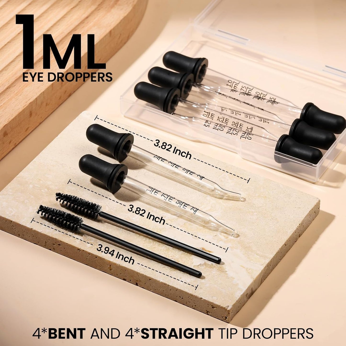 Teenitor 10pcs Eye Dropper 8pcs Glass Pipettes Dropper and 2pcs Cleaning Tool, Droppers for Oils Bent and Straight Tips, 1ml Dropper for Liquid Essential Oils, Ear, Eye, Craft, Measuring