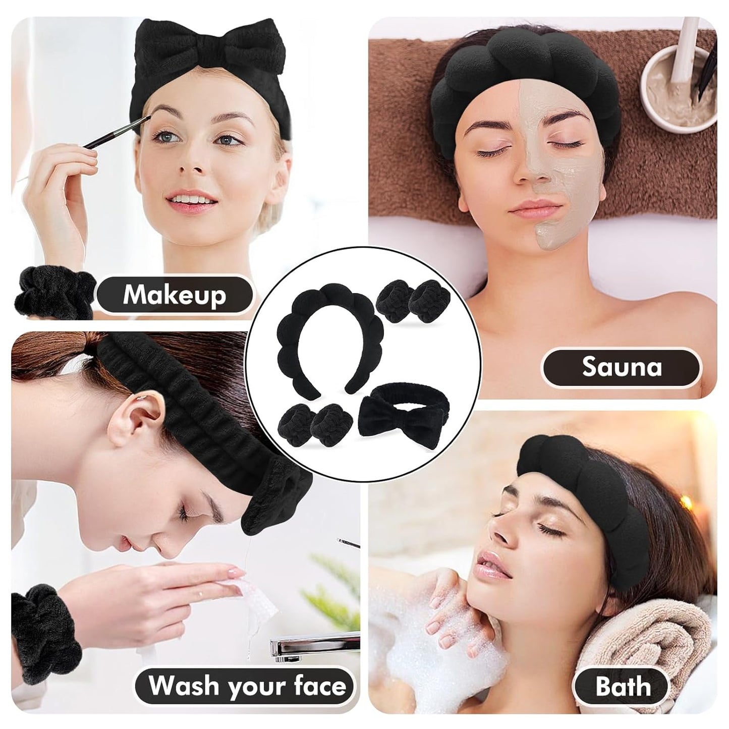 Zkptops 6Pcs Spa Headband for Washing Face Wristbands Set Women Bubble Skincare Makeup Sponge Terry Cloth Padded Puffy Headband Bow Tie Hairband Cute Non Slip Thick Hair Accessory Gifts(Black)