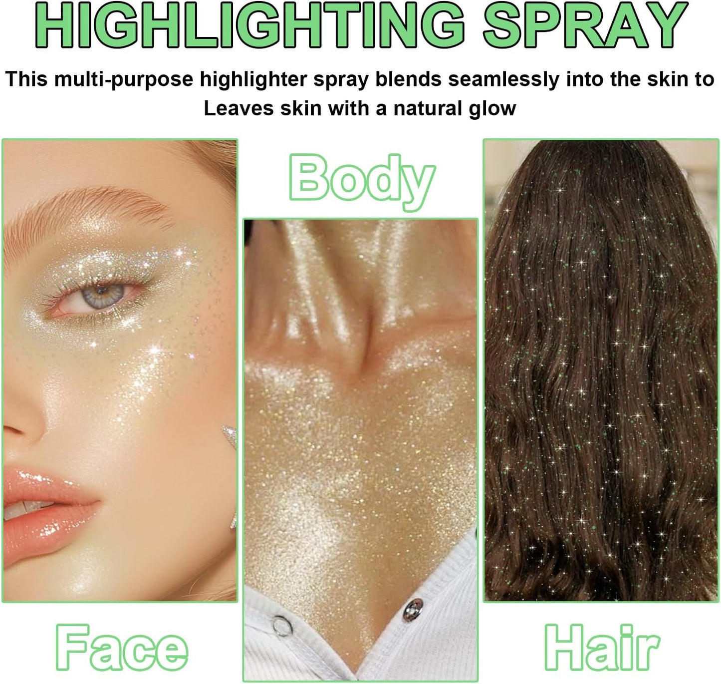 Hair and Body Glitter Spray, Shimmering Powder Sparkle Powder Makeup, Glitter Loose Sparkle Makeup for Body Highlighter,Festival Prom Rave Accessories (Green)