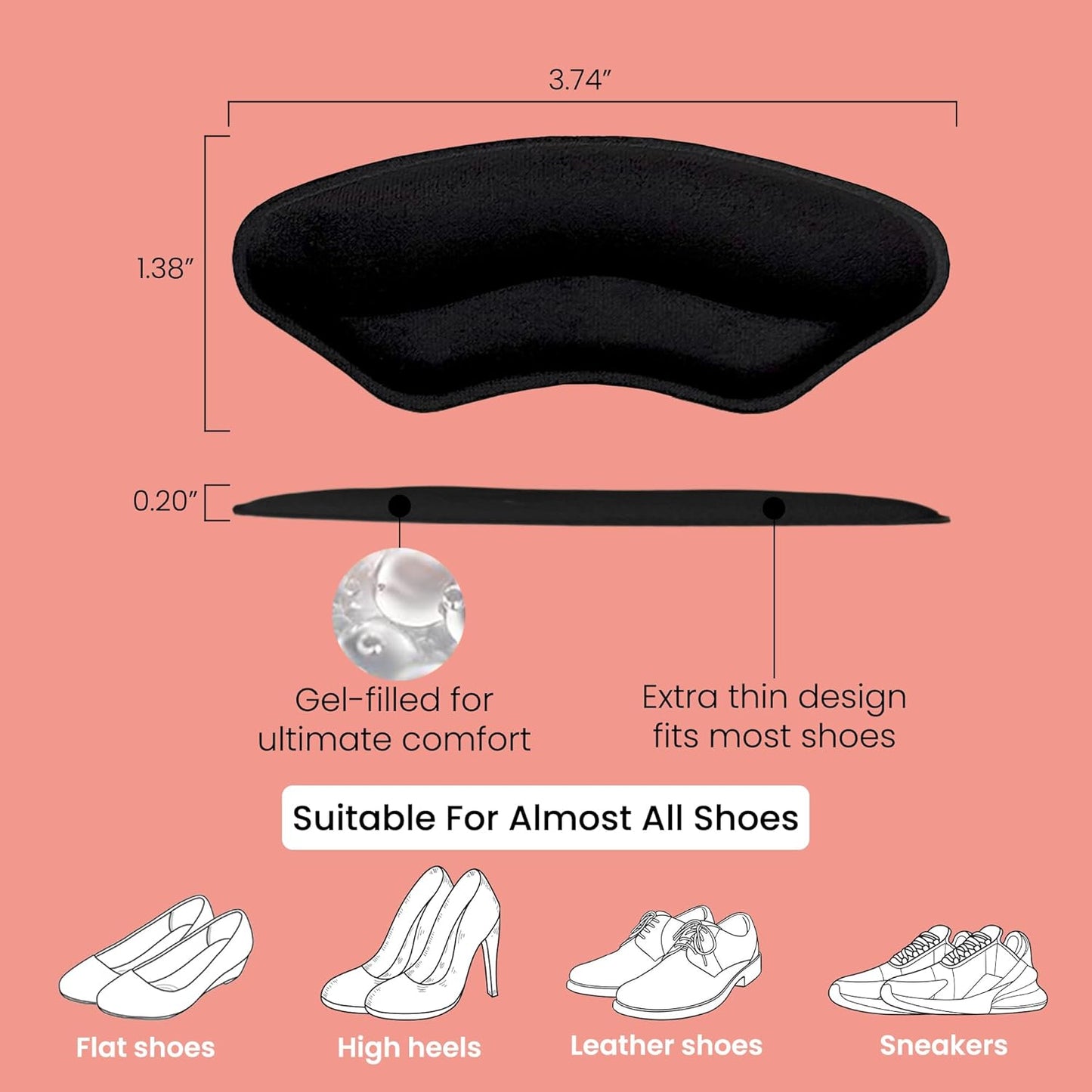 Walkize Anti Slip Heel Pads for Shoes Women & Men - Cushioned Heel Grips - Shoe Inserts for Women - Blister Prevention, Heel Pain Relief & Comfort in High Heels, Dress Shoes (2 Pairs,Black)