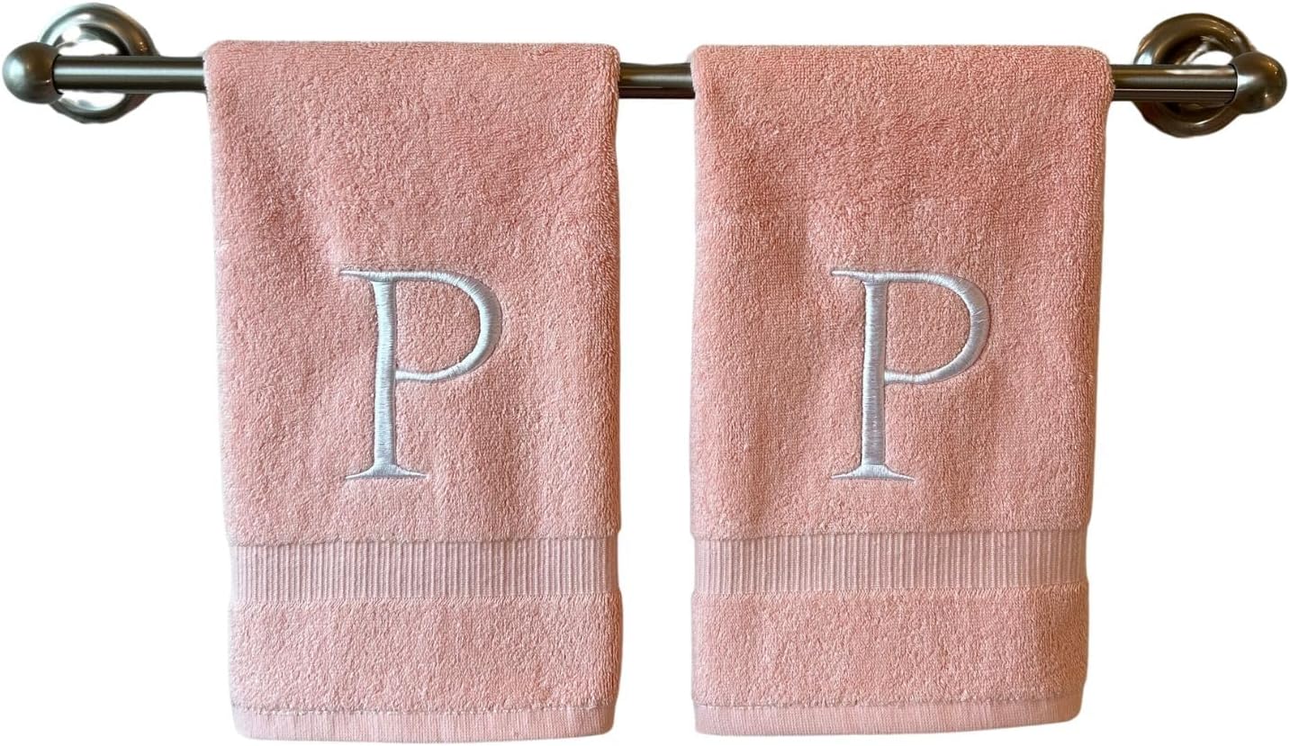 Pink Initial Hand Towel for Bathroom - Monogrammed Luxury Hotel Quality Decorative Embroidered Towel for Powder Room, Spa - GOTS Organic Certified - Set of 2 Letter P