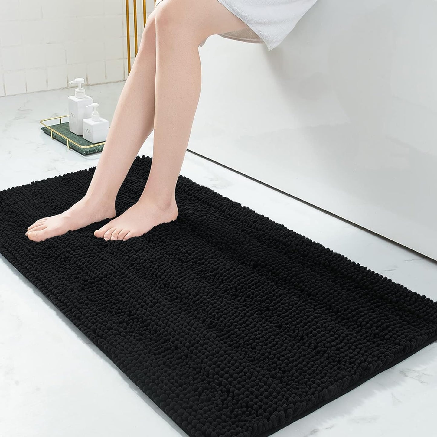 Grandaily Chenille Striped Bathroom Rugs 47x24, Extra Thick and Absorbent Bath Mats, Non-Slip Soft Plush Shaggy Shower Carpet, Machine Wash Dry, Bath Rug for Bathroom, Black