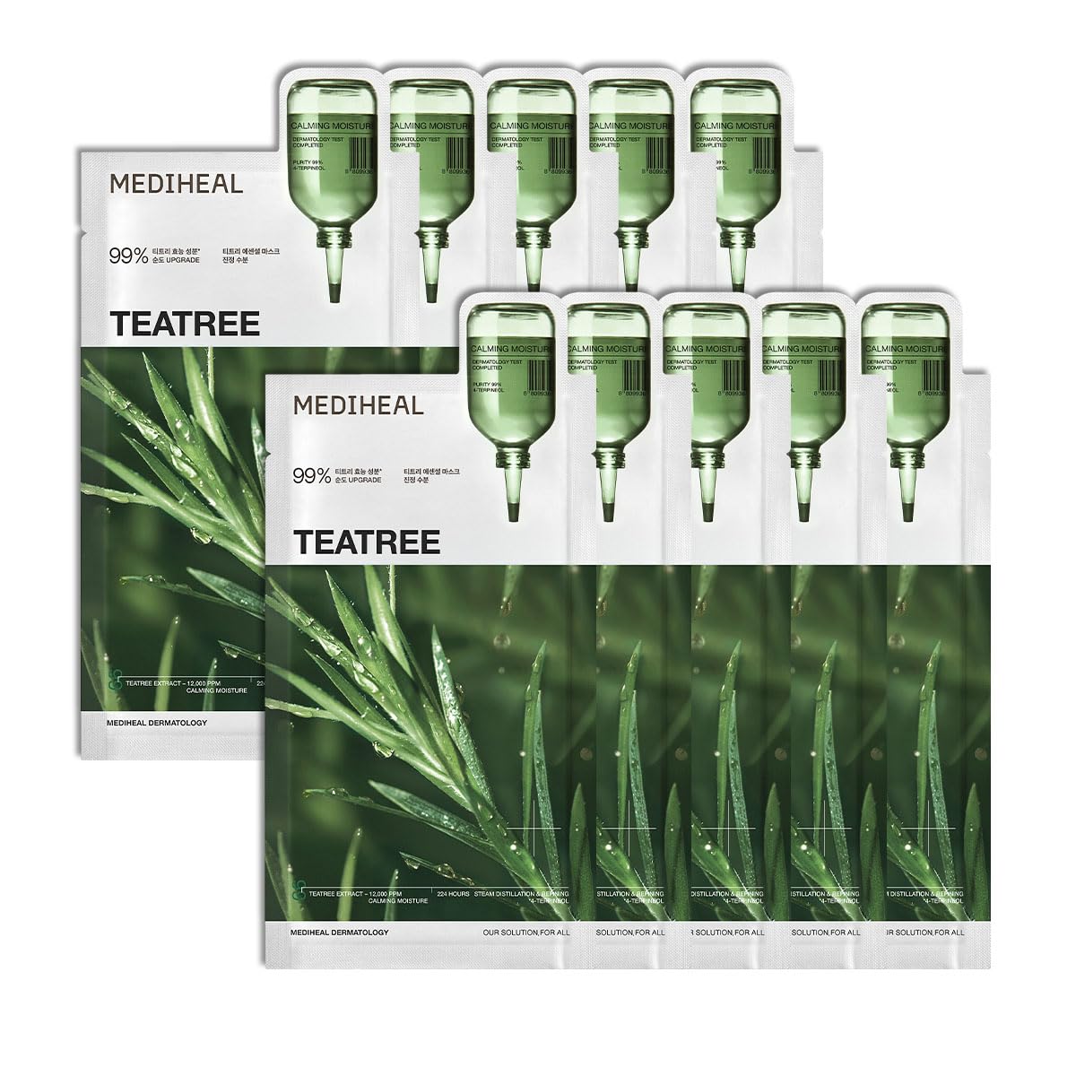 Mediheal Teatree Essential Sheet Mask Calming Moisture 10 pcs. 99% Pure Teatree & Teatree 7X for intensive soothing and hydration. Suitable for acne-prone skin. Vegan formula