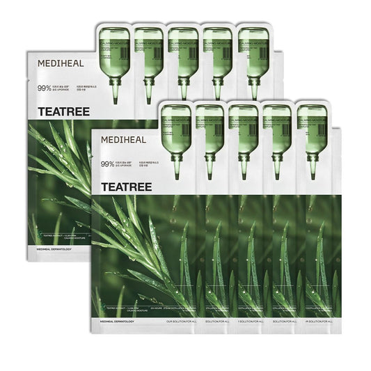 Mediheal Teatree Essential Sheet Mask Calming Moisture 10 pcs. 99% Pure Teatree & Teatree 7X for intensive soothing and hydration. Suitable for acne-prone skin. Vegan formula