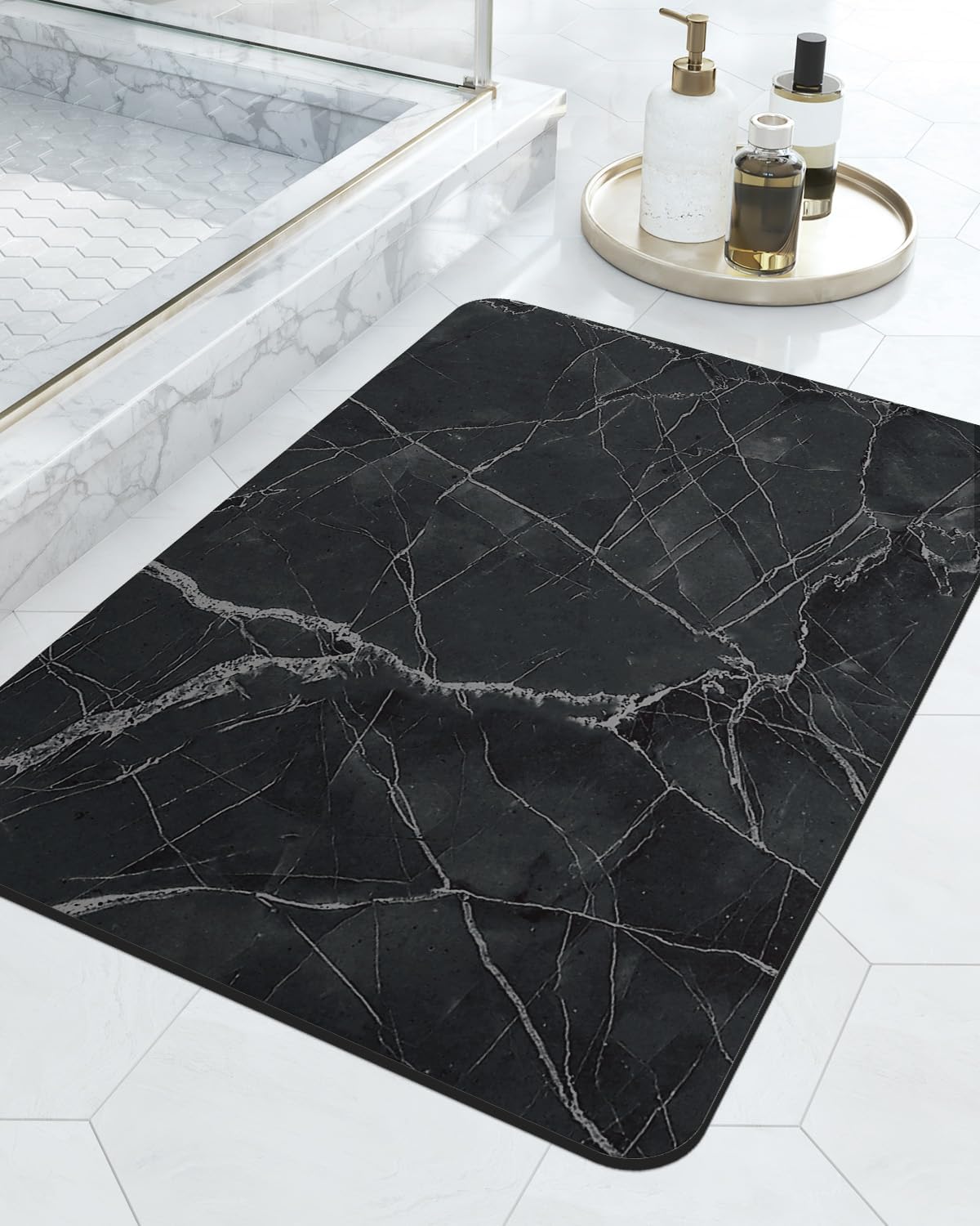 DEXI Bath Mat 16x24, Non Slip Quick Dry Rugs, Super Absorbent Ultra Thin Marble Bathmat, Washable Rubber Mats for Shower Floor, in Front of Bathtub, Sink, Bathroom Accessories Decor, Black