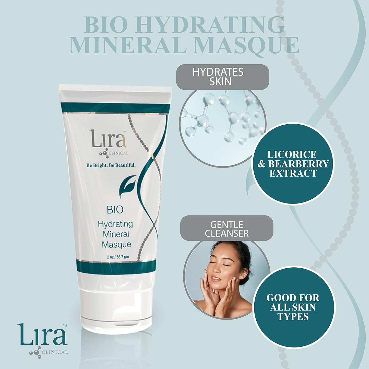 Lira Clinical BIO Hydrating Mineral Masque - Intense Nourishing Mineral Facial Mask with Hyaluronic Acid, Vitamin C & Green Tea - Anti-acne, Anti-Aging For All Skin Types - 2 fl oz