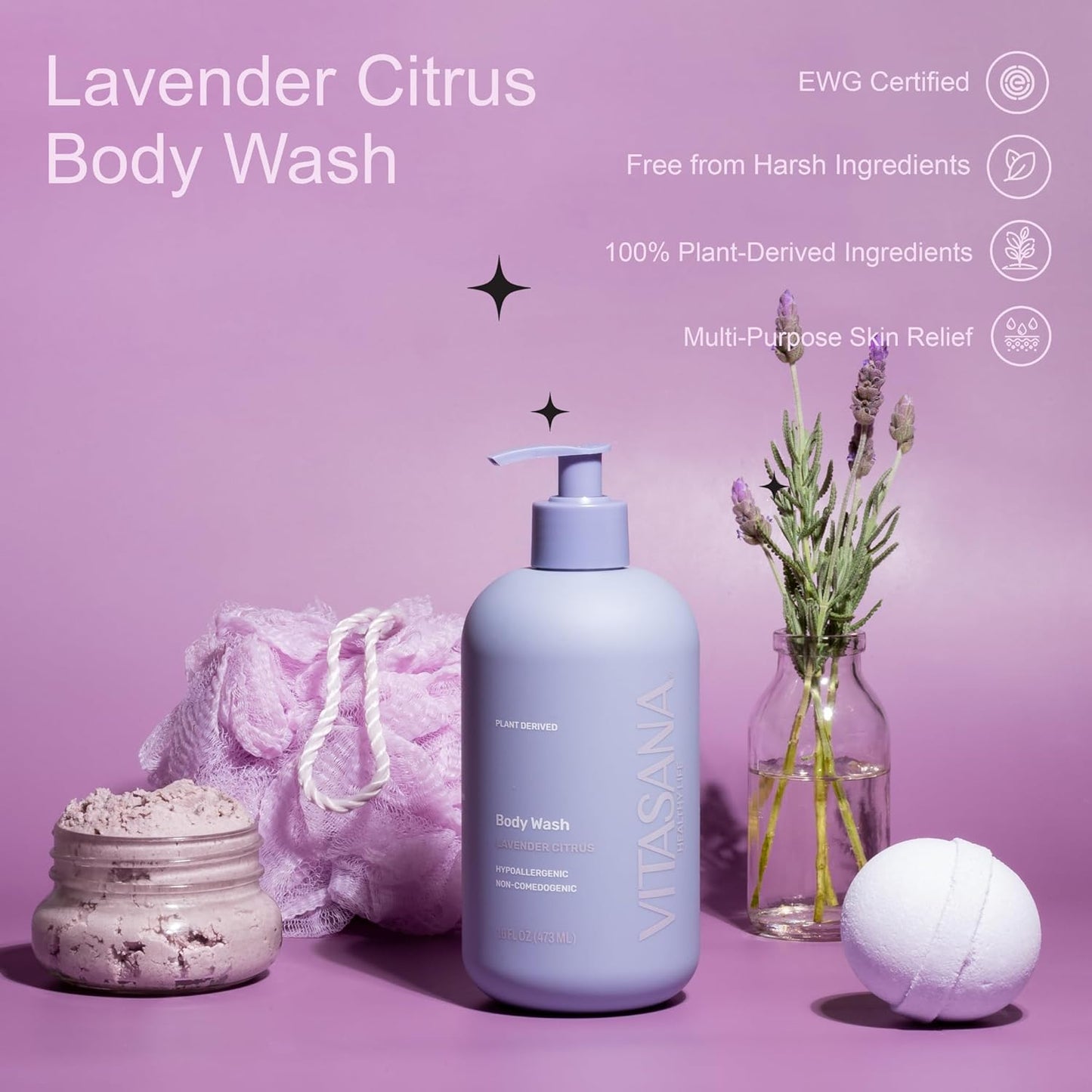 Natural Body Wash for Sensitive Skin, 16oz – Lavender Citrus Scent, Plant-Based, EWG Verified, Hypoallergenic, Paraben-Free, Sulfate-Free, Cruelty-Free