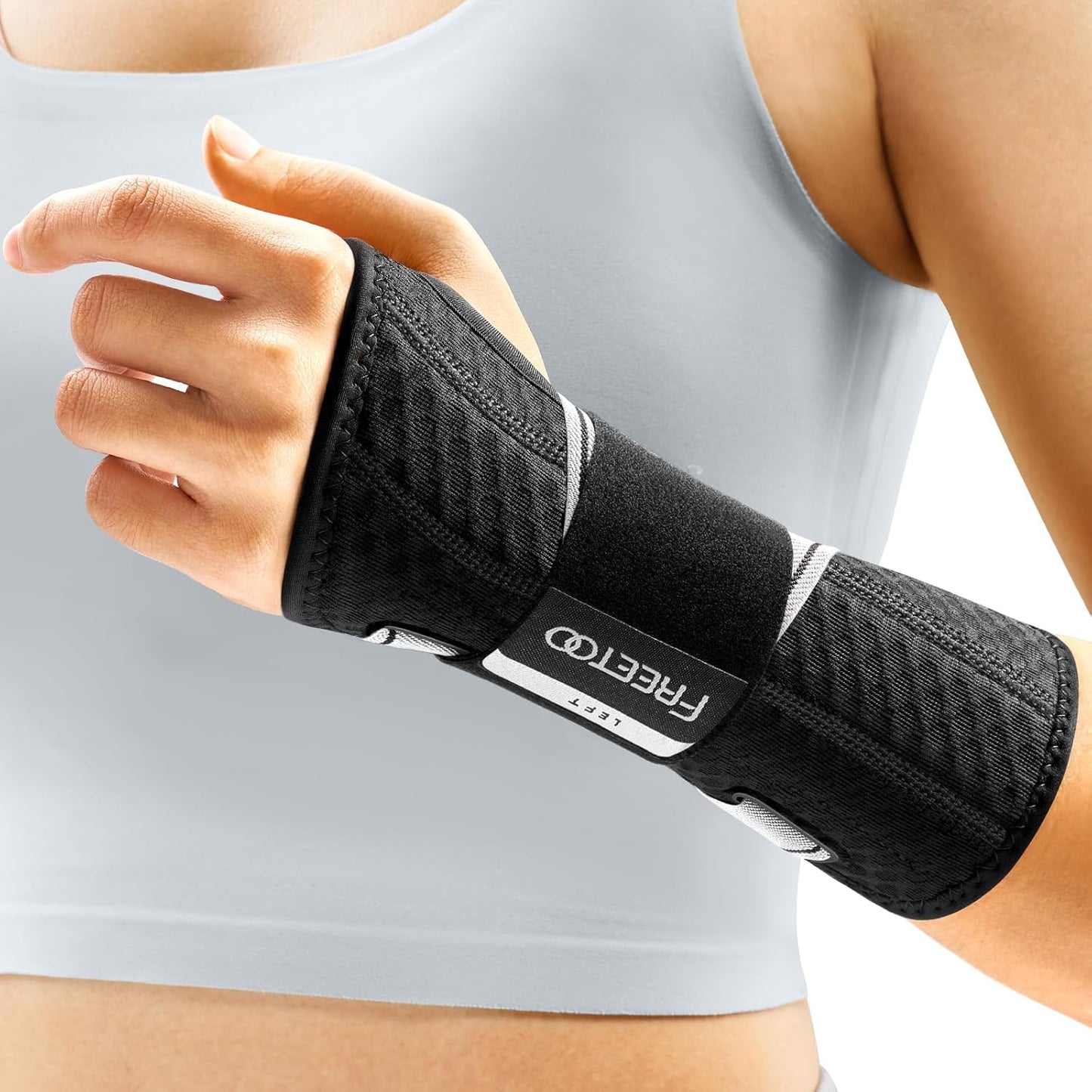 FREETOO Tendonitis Wrist Brace Night Support Fit Left Hand for Work, Pain Relief Wrist Splint for Arthritis, Sprain for Sleeping, Wrist Support Carpal Tunnel Fit Women and Men (Left, L/XL, Black/Grey)
