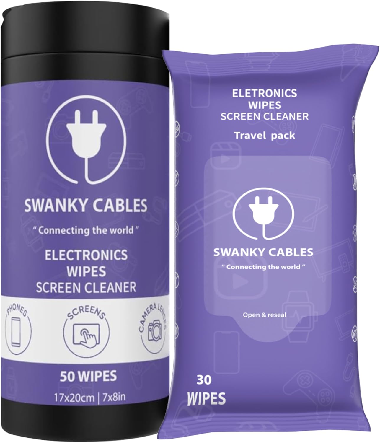 Screen Cleaner Wipes Bundle - Electronic Wipes for Screens, Computer, Phone, TV, Monitor and Lens, Tech Cleaning Supplies, Includes Microfiber Cloth - 1 Canister & 1 Soft Wipes