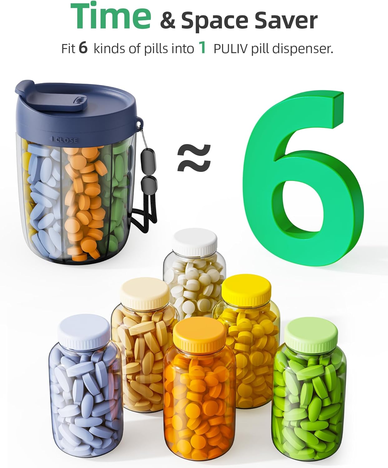 PULIV Large Supplement Organizer Bottle, Holds Plenty of 6 Various Vitamins in 1 Pill Dispenser with Anti-Mixing & Wide Openings Design, Easy to Retrieve Meds, Includes 20 Pcs Labels Silver Gray