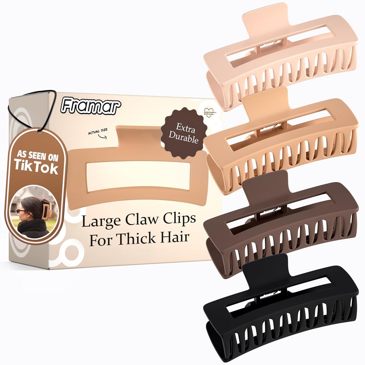 FRAMAR Extra Large Claw Clips For Thick Hair – Hair Claws Pack, Large Hair Clips For Thick Hair, Claw Clip Pack, Hairclips, Hairclips. For Women, Ganchos Para El Cabello – Non Slip Matte Finish