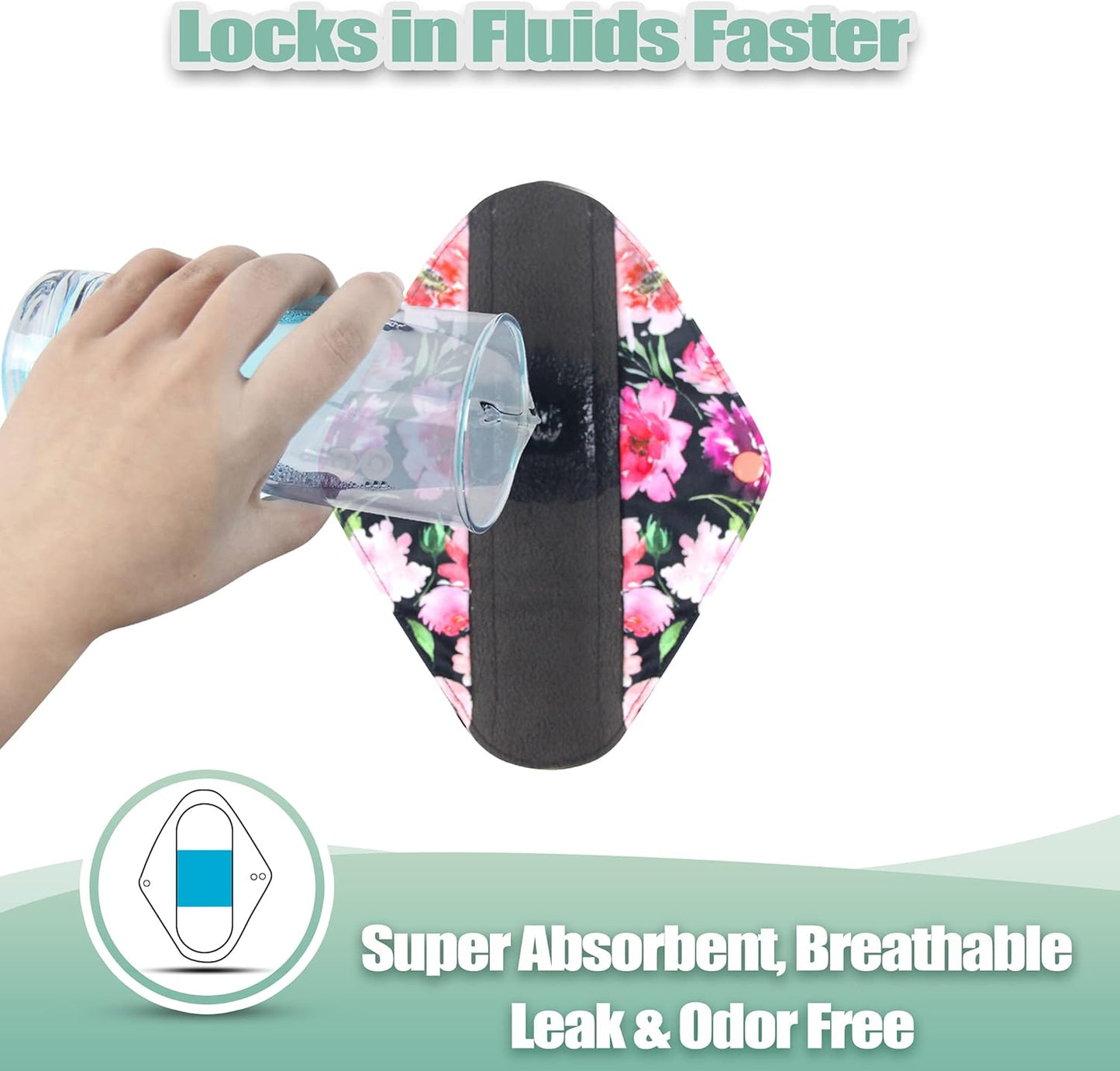 wegreeco Reusable Menstrual Pads - Reusable Sanitary Pads | Reusable Panty Liners | Soft Cloth Menstrual - 6 Pack with 1 Cloth Mini Wet Bag (Medium, Flower 02)