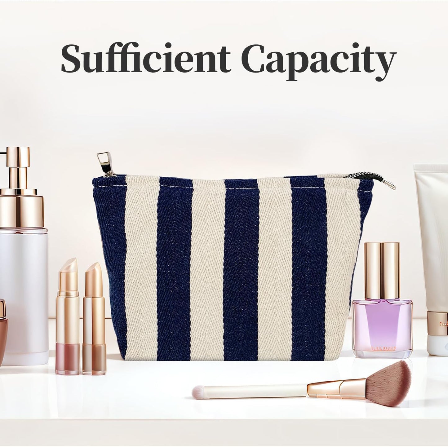 Blue Striped Makeup Bag for Women, Canvas Cosmetic Bag, Large Zipper Pouch(10.6" * 7.1" * 2.8"), Make Up Bag for Purse, Perfect for Storing Makeup And Accessories, Makeup Bag for Daily Travel Gifting
