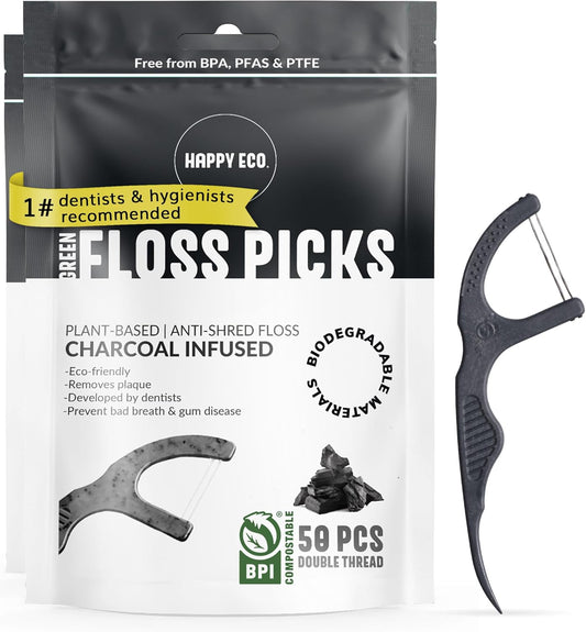 Floss Picks Biodegradable (100pcs) - Plant Based Dental Floss Picks, Natural Flossers for Adults & Kids, Nontoxic Vegan Tooth Pick Flossers & Eco Floss Sticks - Double Thread Charcoal