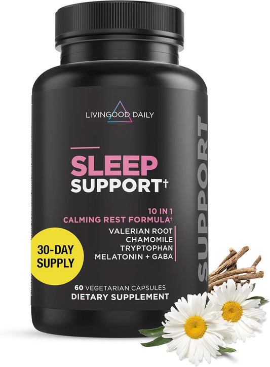 Livingood Daily Sleep Support Supplement, 10-in-1 Natural Sleep Aid with 5 MG Melatonin, Valerian Root, Chamomile, Tryptophan & GABA for Men & Women, Non Habit Forming, Gluten Free, Vegan, 60 Capsules