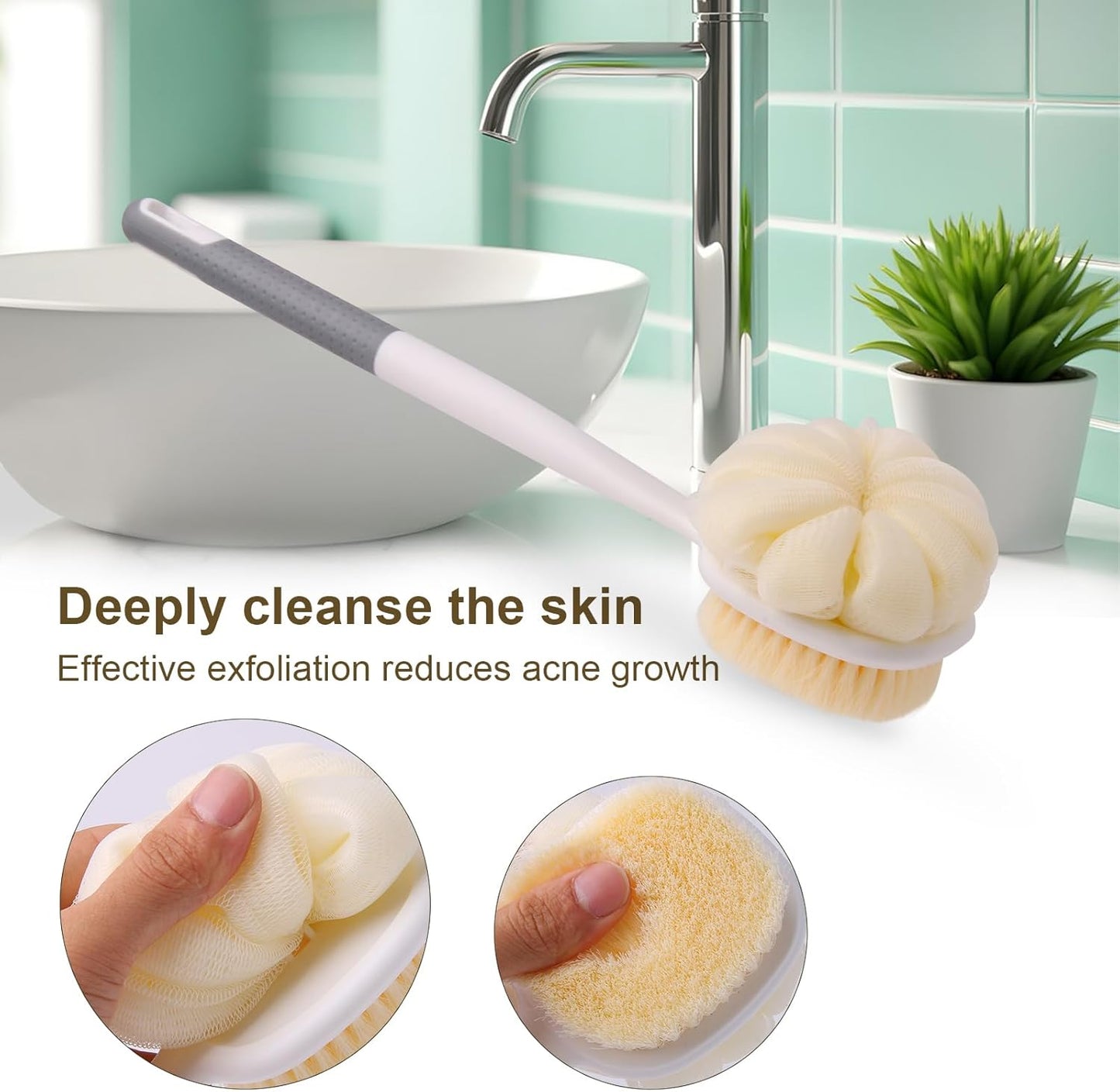 Long Handled Shower Brush for Cleaning Body,Double-Sided Bath Brush for Massage with Bristles and Loofah,Body Brush Exfoliator Mesh Sponge for Women and Men(Gray)