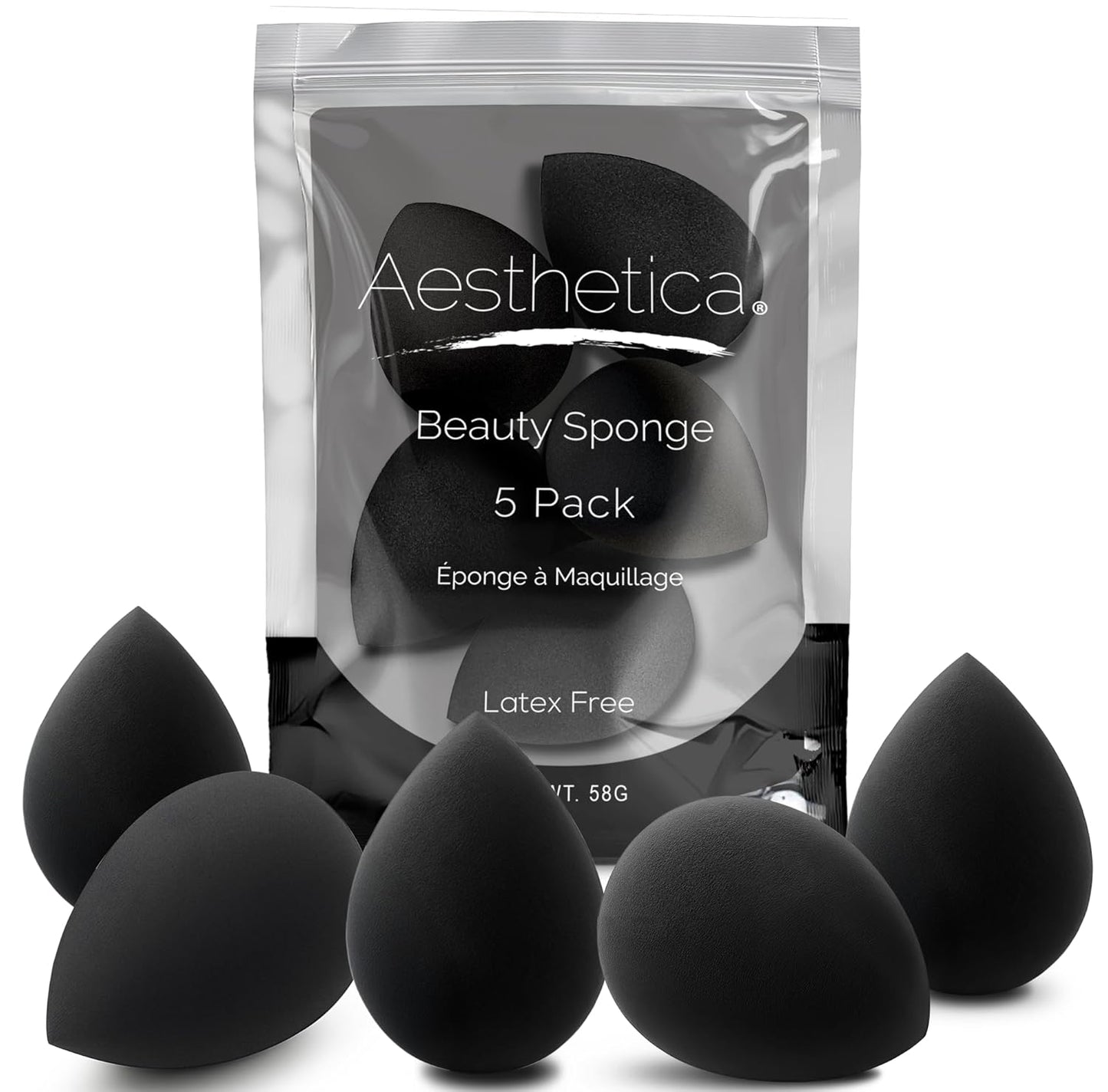 Aesthetica Cosmetics Beauty Sponge Blender - Latex Free and Vegan Makeup Sponge Blender - For Powder, Cream or Liquid Application (5 Pack)
