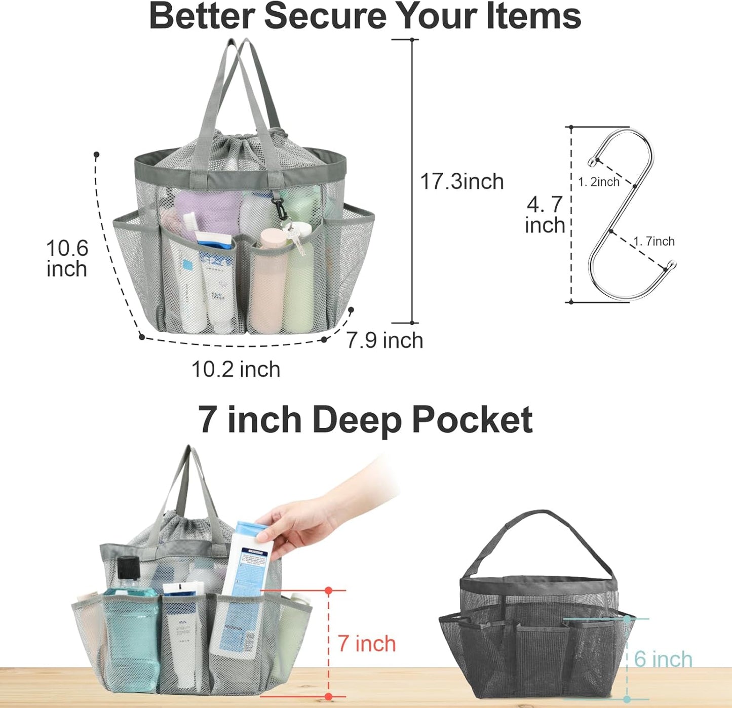 F-color Mesh Shower Caddy Portable with Drawstring - Upgrade Deeper 7 Pockets Dorm Room Essentials for Guys Girls with S Hook, Shower Bag Basket Tote for College Camping Toiletry Bathroom, Grey