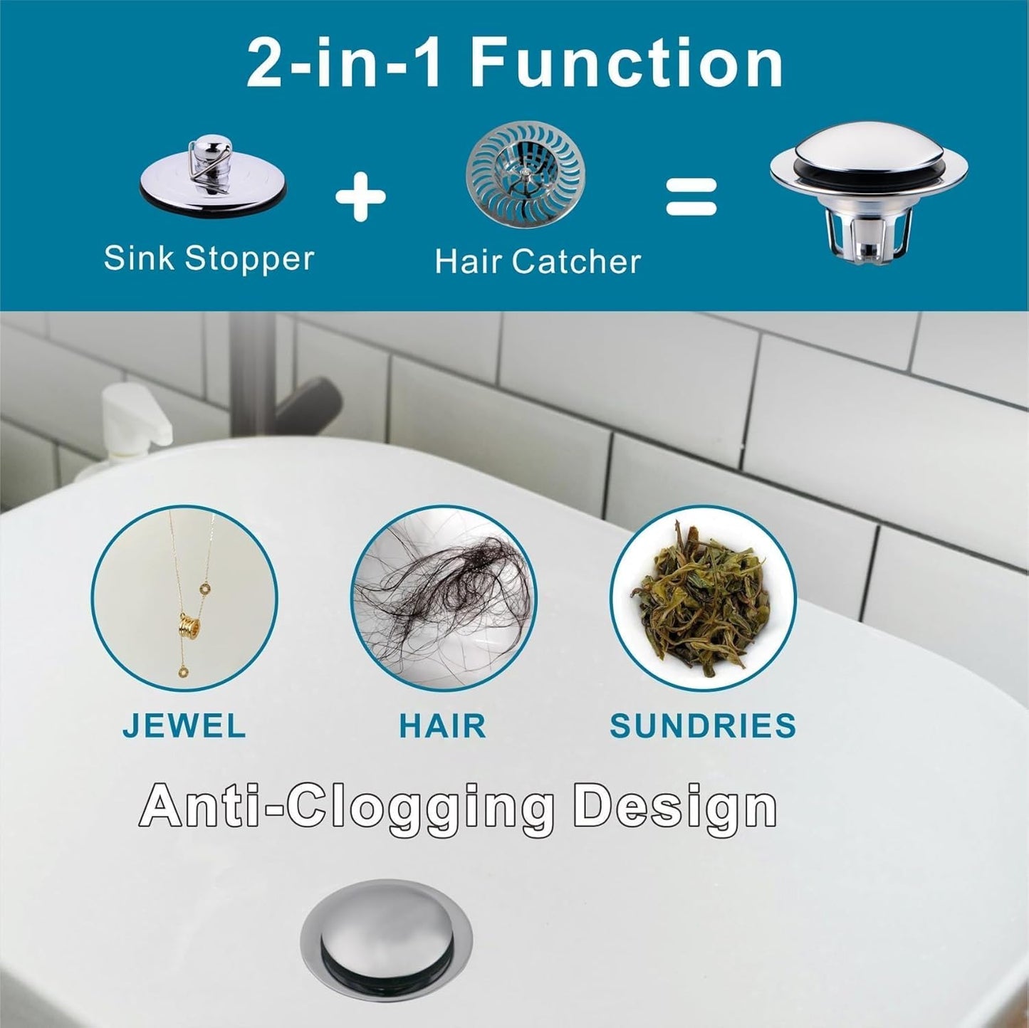 Chrome Bathroom Sink Drain Stopper,Welsan Universal Pop-Up Drain Stopper Plug Strainer with Hair Catcher for 1 1/8"-1 1/2" Drain Hole,Anti-Clogging Filter Chrome Plated