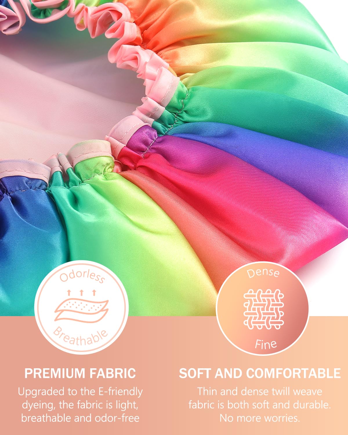 mikimini Shower Cap for Women Long Hair, 2 Pack,Double Layer Waterproof, X-Large, Reusable, Washable, No Smell, Rainbow Fashion Shower Cap