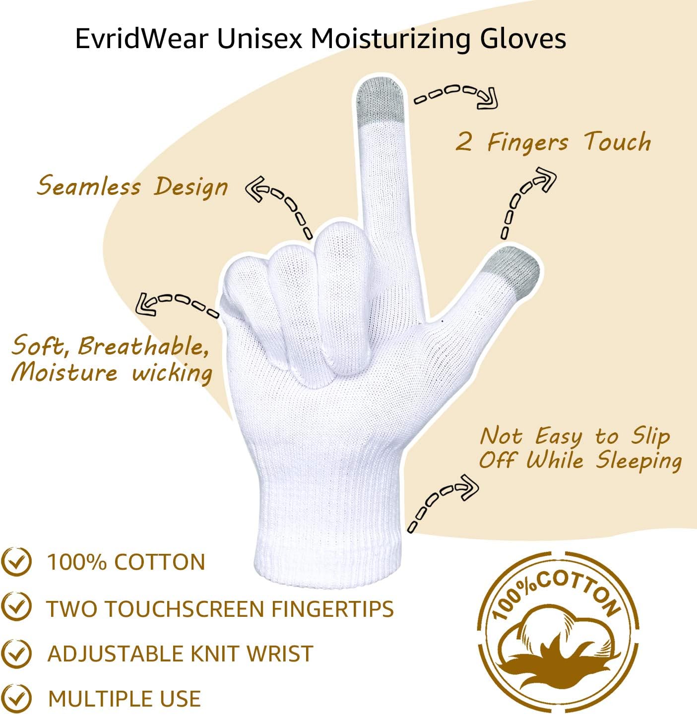 Evridwear Unisex Moisturizing Cotton Gloves with Touchscreen Fingertips for Eczema Beauty Cosmetic Dry Hands Sensitive Irritated Skin Therapy Overnight Bedtime, 6 Pairs, Lightweight-White, XS