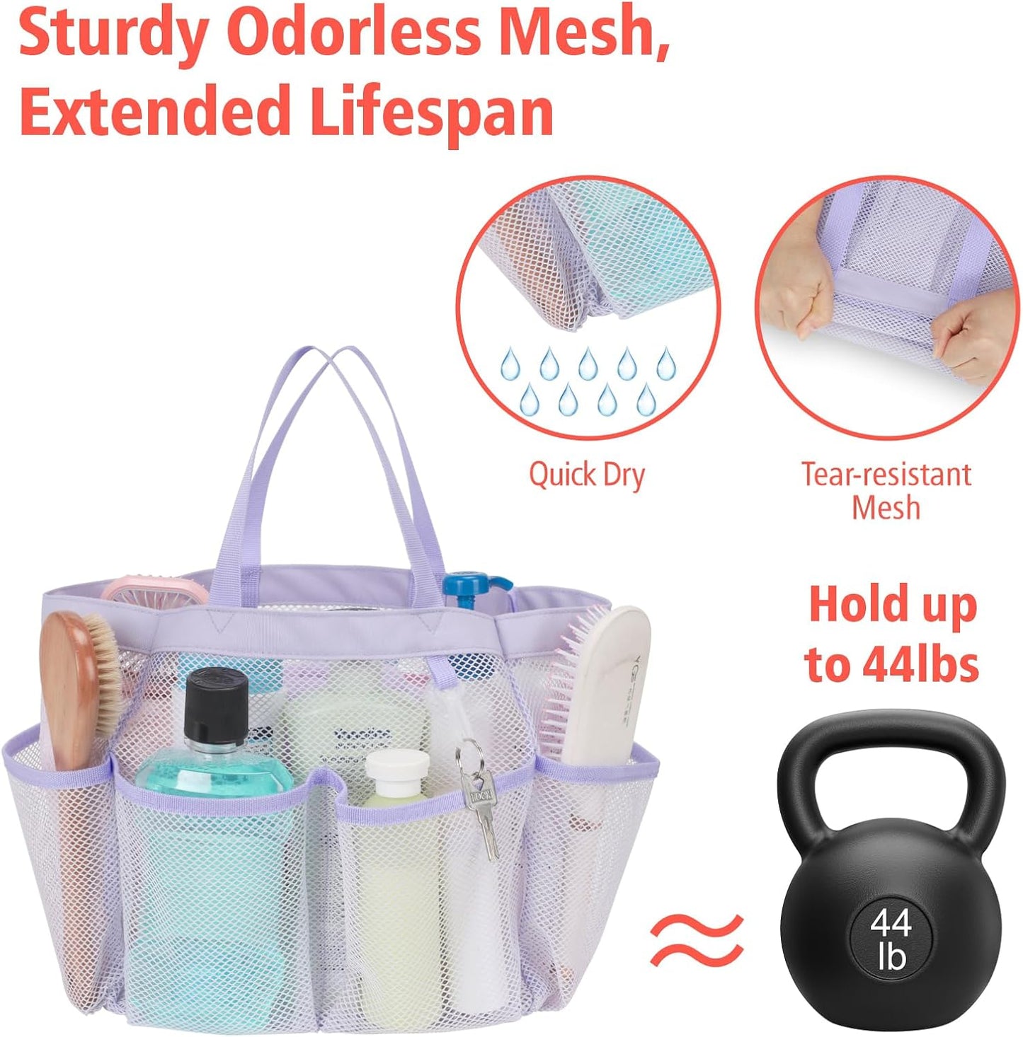 F-color Mesh Shower Caddy Portable, Upgrade Deeper 7 Pockets Shower Bag Basket Tote for College Dorm Room Toiletry Bathroom Essentials Gym Camp Quick Dry 2 handles with S Hook, Purple